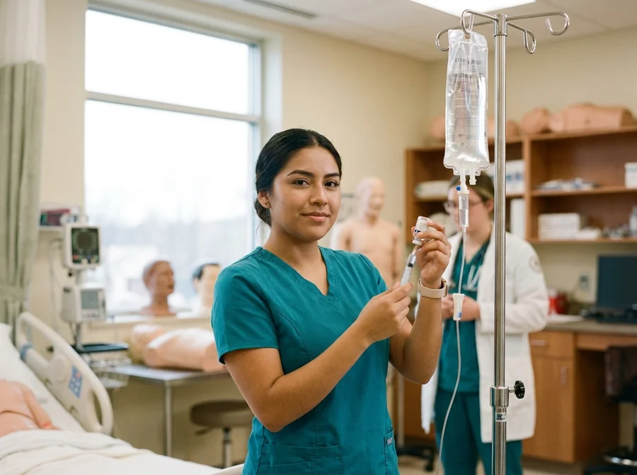 Nursing student preparing a medication in the skills lab