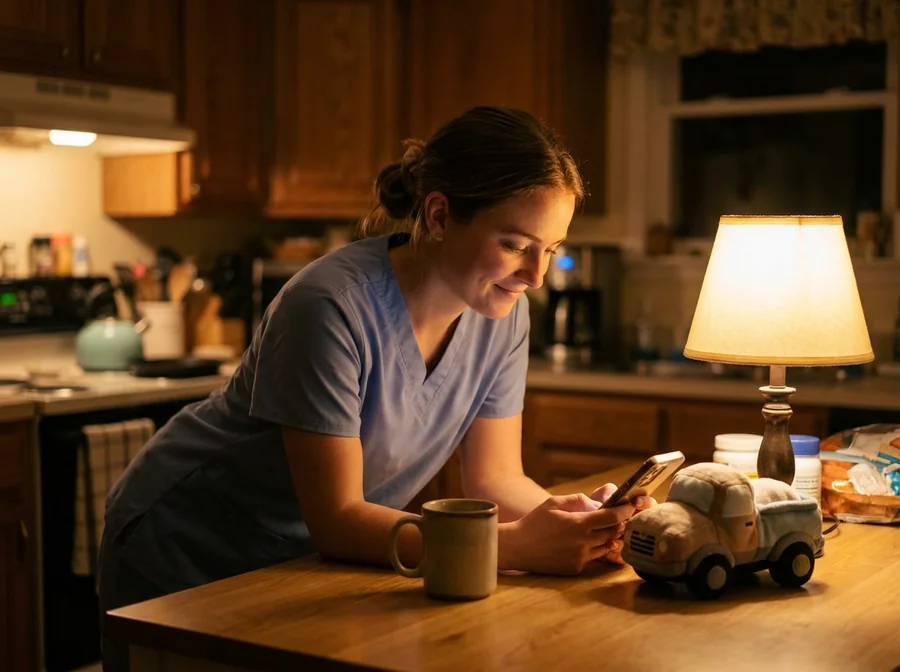 Nursing student studying on her phone at night