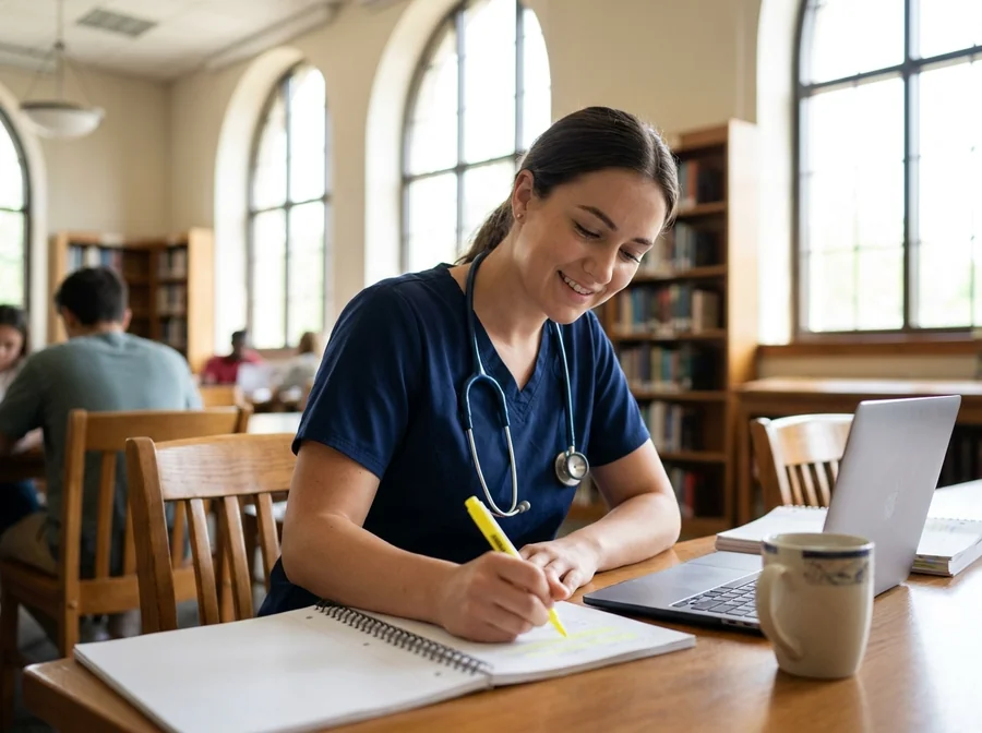 Nursing student studying in the library