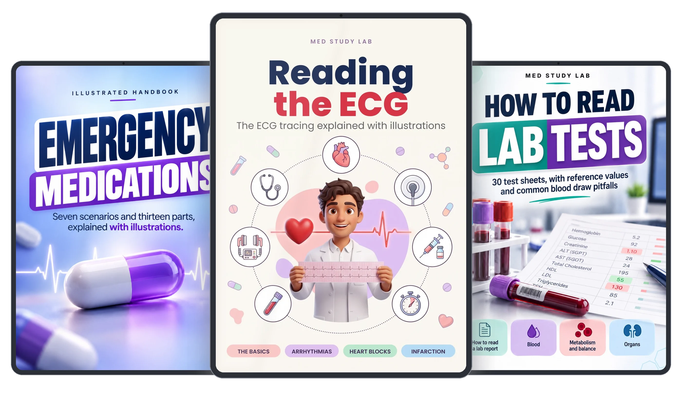 Reading the ECG, with Emergency Medications and How to Read Lab Tests as bonus books