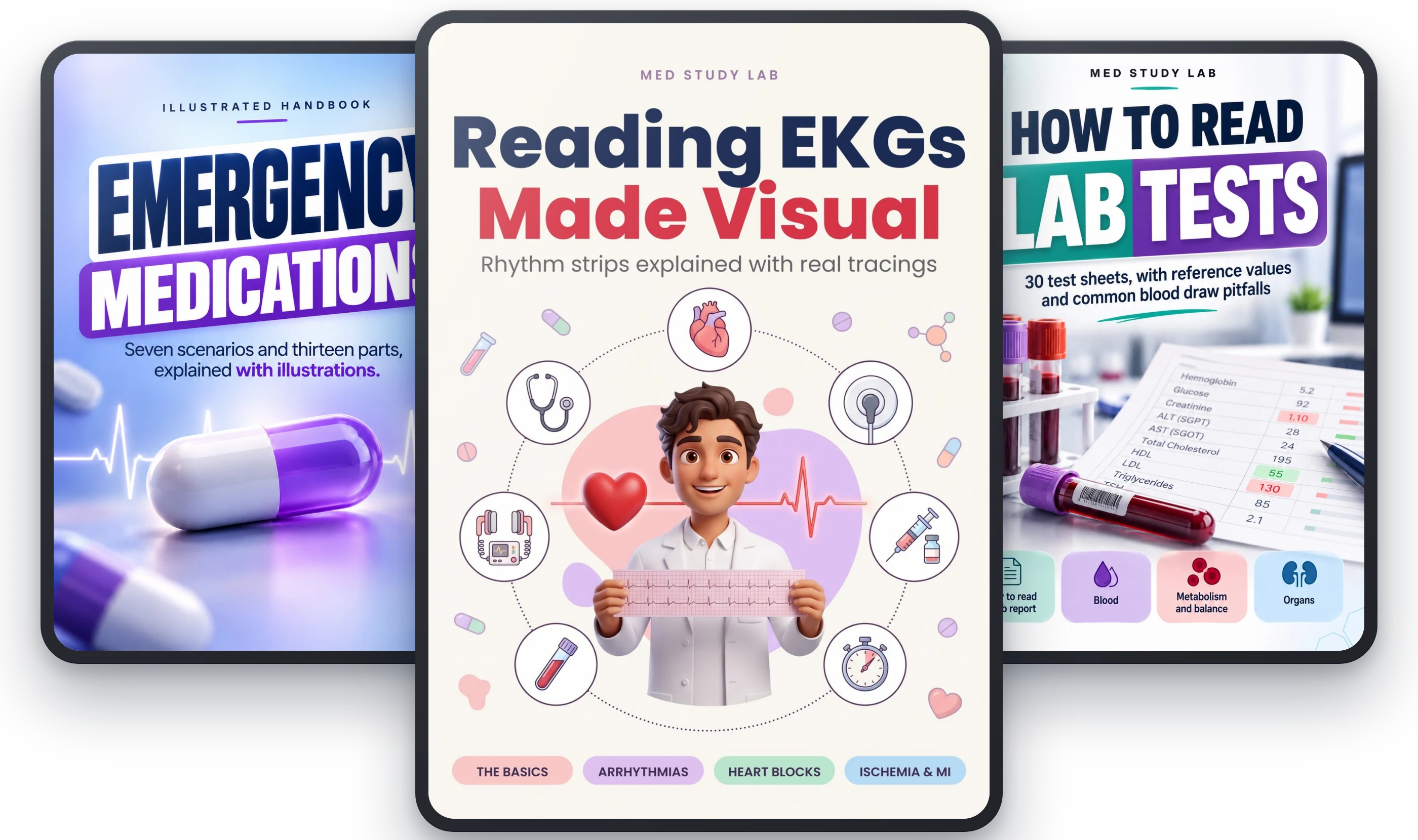 Reading EKGs Made Visual, with Emergency Medications and How to Read Lab Tests as bonus books